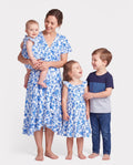 Mommy & me Outfits Blue Floral Print Dress & Color Block Tee Set, Mommy Daddy and Me Summer Beach Vacation Coordinates Blue