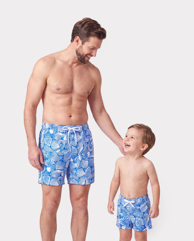 Daddy & Son Shell Print Swimwear Floral two-piece Bikini & Swim Shorts Set for Mom, Dad, & Kids, Perfect for Beach Days & Pool Parties Blue