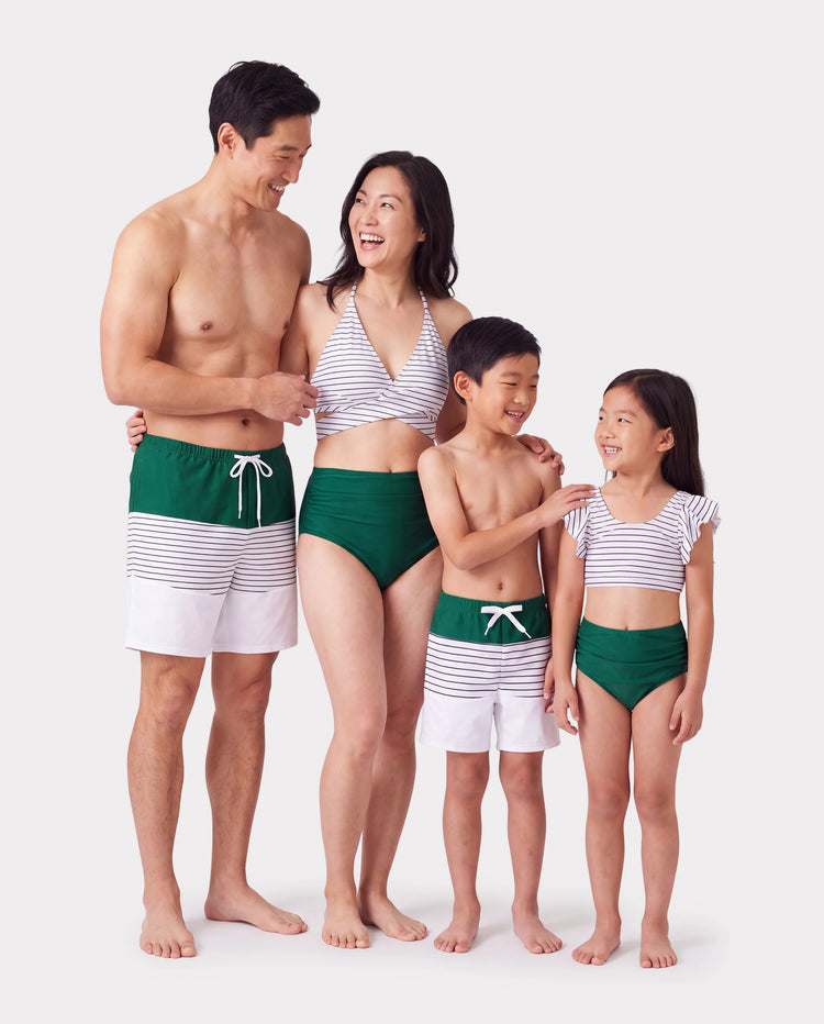 Family Matching Color Block Drawstring Swim Trunks or Stripe Cross Front Two-Piece Swimsuit (Quick-Dry) Green