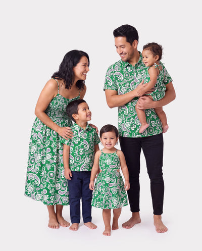 Family Matching Outfits Set Floral Print Short-sleeve Collar Shirt or Strappy Smocked  Dress for Summer Vacation  Green