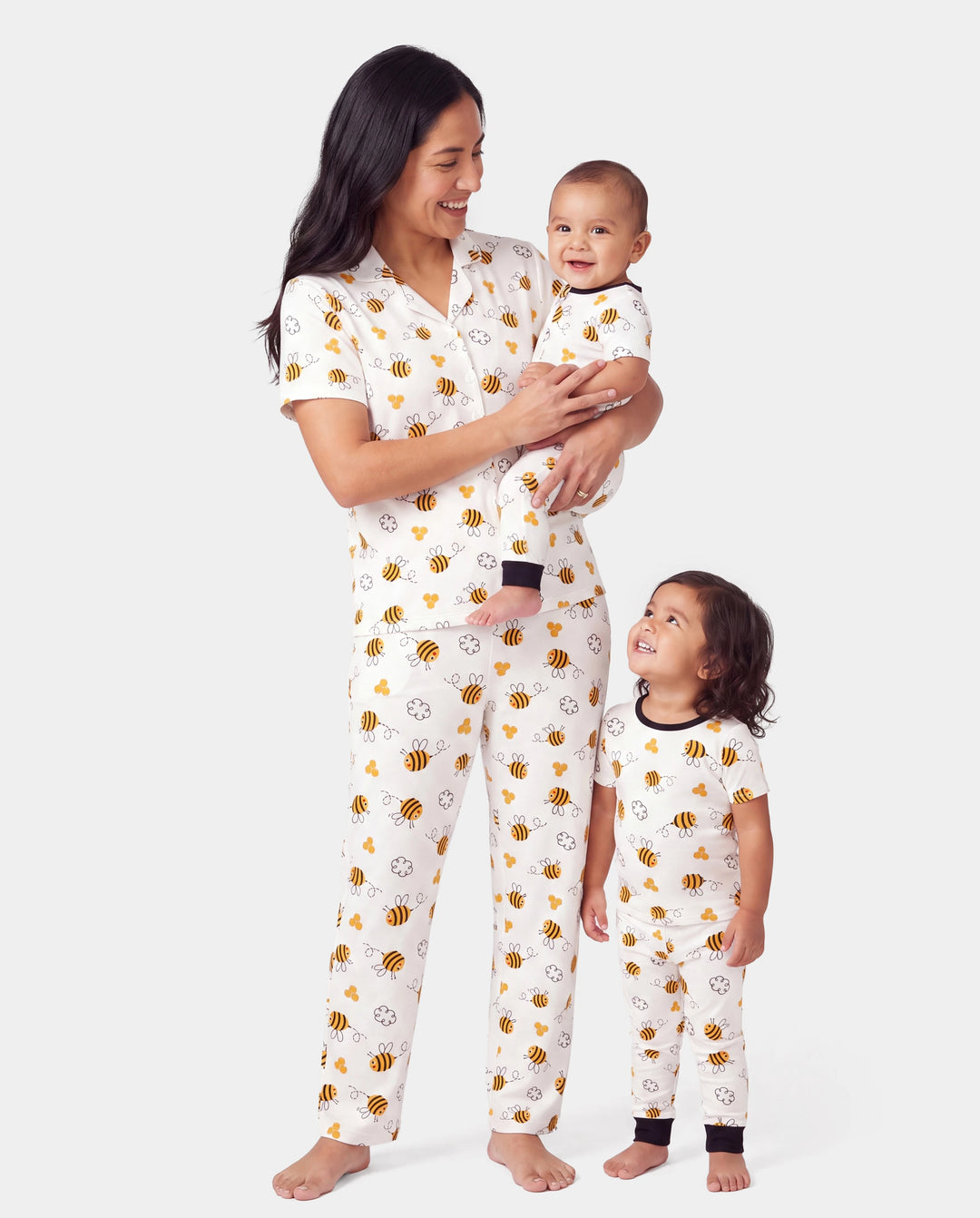 Mommy & me Bamboo Pajamas Soft Bamboo Viscose PJs for Men Women Kids Toddler, Cute Bee Print Sleepwear with Short Sleeve Top and Long Pants White