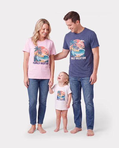 Family Matching "Family Vacation" Graphic Cotton Tees Tropical Surf Print T-Shirt Multi-color