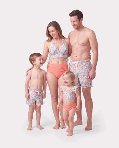 Matching Family Floral Swimwear Bikini Set for Mom & Daughter Floral Board Shorts for Dad & Son, Cute Beach Outfits for Vacation & Pool Days Multi-color