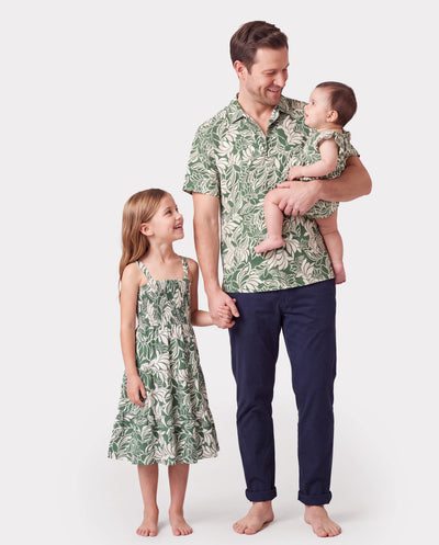 Daddy & Daughter Leaf Print Short-sleeve Shirt or Halter Dress Green Set Green