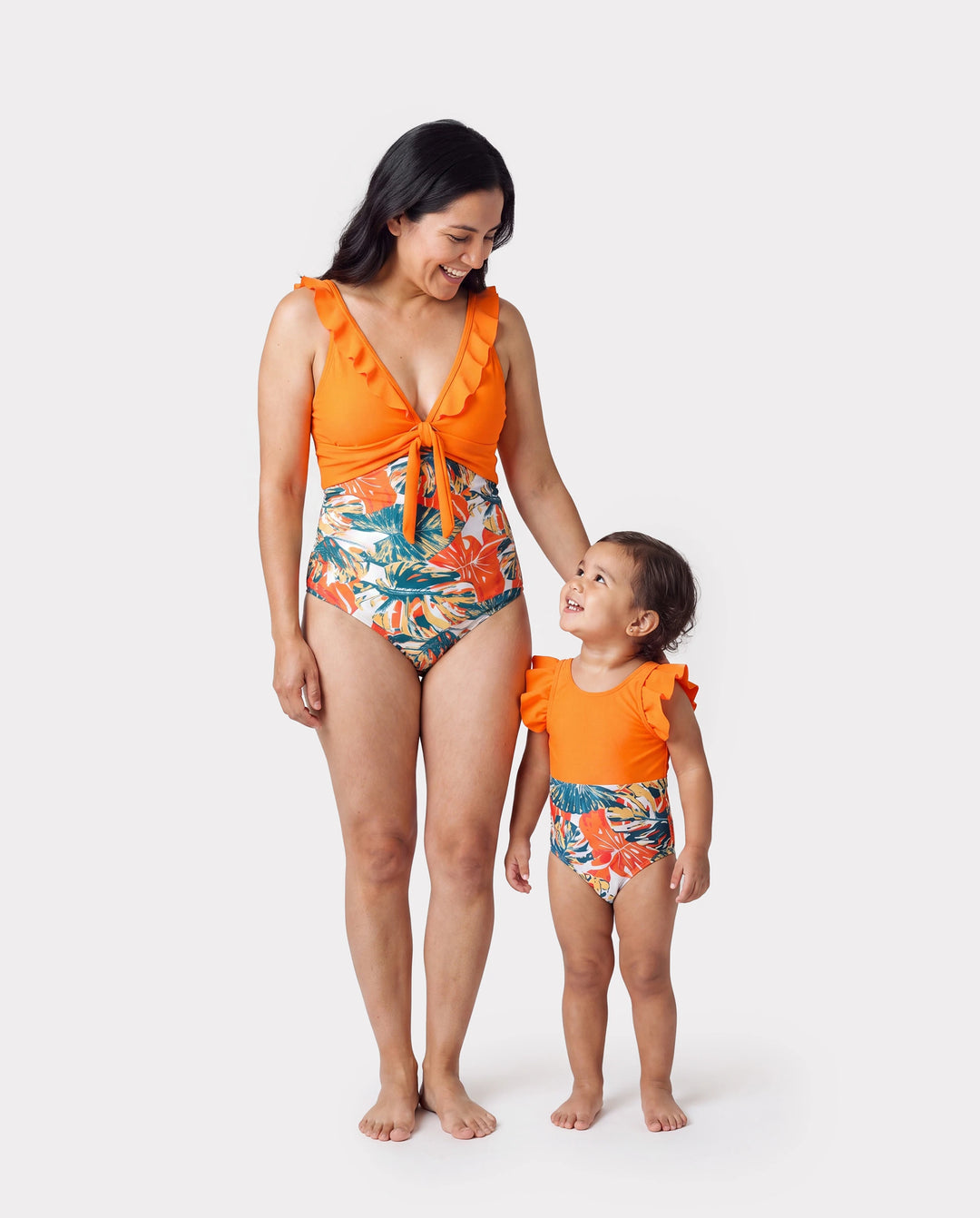 Mommy & me Orange and All Over Tropical Plant Print Splicing Ruffle One-Piece Swimsuit Orange color