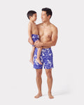 Daddy & Son Tropical Leaf Print Swim Trunks Blue