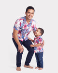 Daddy & Son Tropical Floral Outfits Pink Blue Leaf Print Short-sleeve Shirt Set for Vacation, Cruise, Beach White