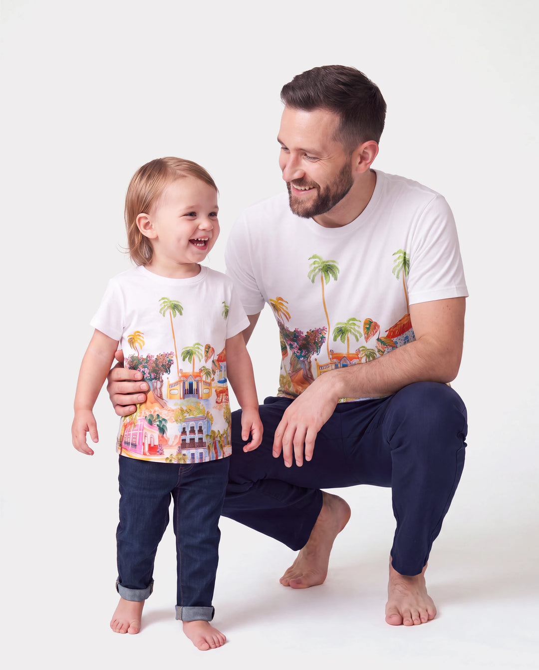 Daddy & Daughter Vacation Set Tropical Pineapple Coconut Tree Print Short-sleeve T-shirt or Hollow out Strap Dress for Summer Vacation White