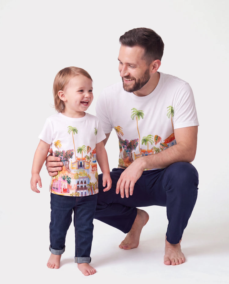 Daddy & Daughter Vacation Set Tropical Pineapple Coconut Tree Print Short-sleeve T-shirt or Hollow out Strap Dress for Summer Vacation White