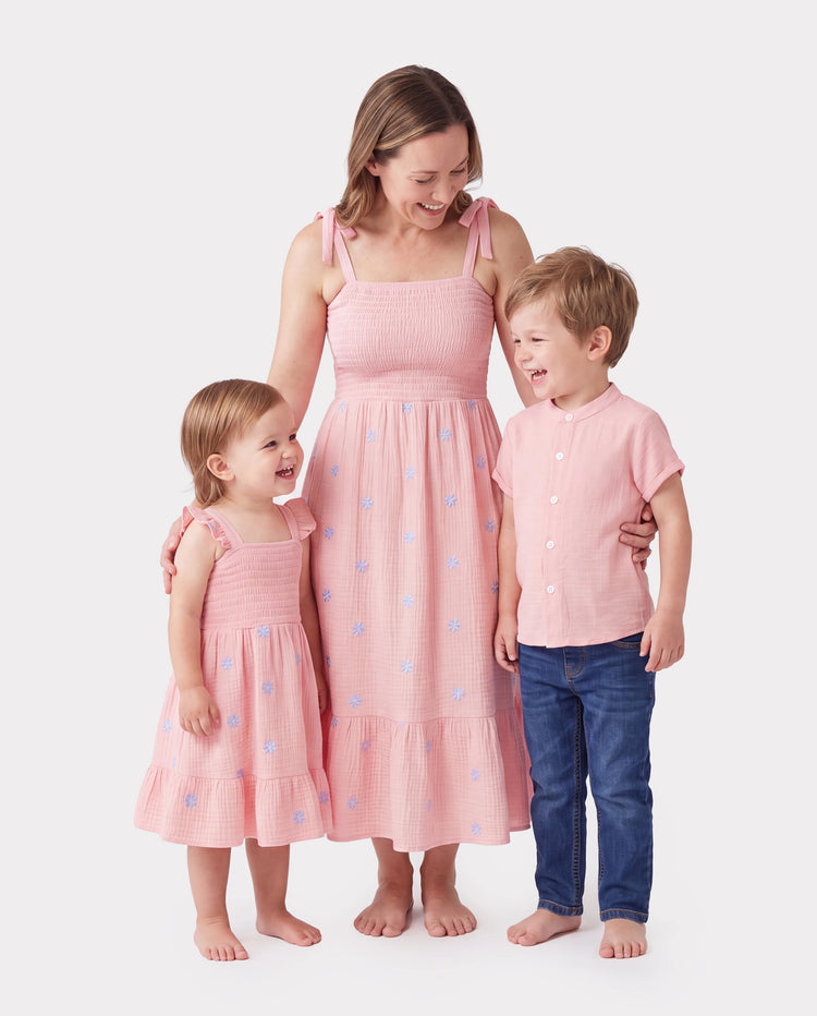 Mommy & me Pink Outfits Flower Print Smocked Tie-Back Cotton Dress for Mom & Daughter, Solid Shirts for Son, Perfect for Summer Family Outings & Photos Mauve Pink