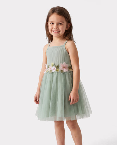 Toddler Girl Sweet Floral Decor Ribbed Panel Mesh Overlay Fairy Dress Green