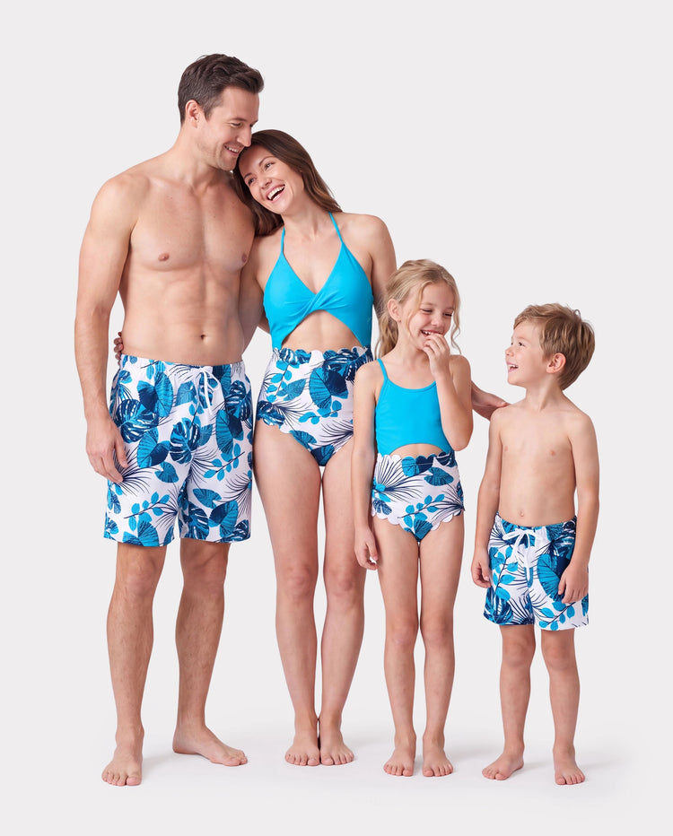 Family Matching Drawstring Swim Trunks or Cut Out Lace UP Back One-Piece Swimsuit BLUEWHITE