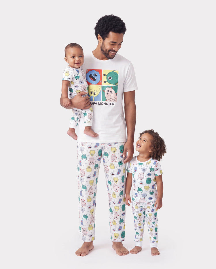 Daddy & Son Bamboo Family Pajamas Cute Little Monster Print Short-sleeve Matching Pajama Set ( Snug-Fitting for Children ) White