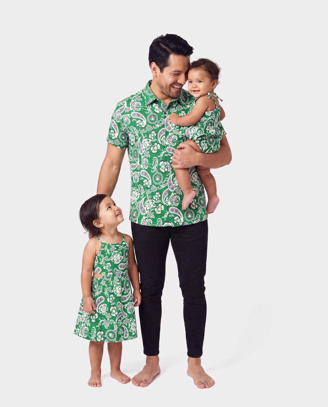 Daddy & Daughter Outfits Set Floral Print Short-sleeve Collar Shirt or Strappy Smocked Dress for Summer Vacation Green