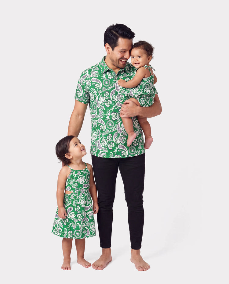 Daddy & Daughter Outfits Set Floral Print Short-sleeve Collar Shirt or Strappy Smocked Dress for Summer Vacation Green