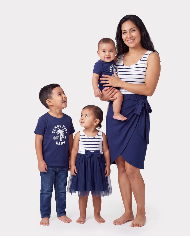 Mommy & me Cotton T-Shirt & Dress Set – Sunny Days Palm Print for Dad, Mom, Baby & Toddler, Perfect for Summer Vacations & Family Outings Tibetan blue