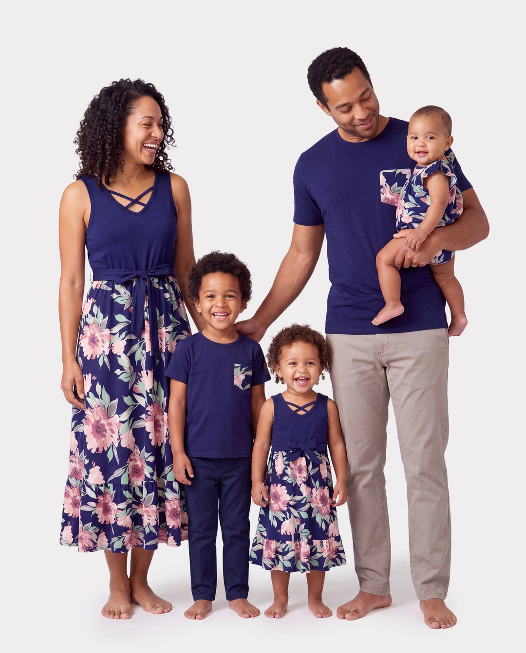 Family Matching Blue Cotton Tee and Flora Splicing Tank Top Dress Sets Deep Blue