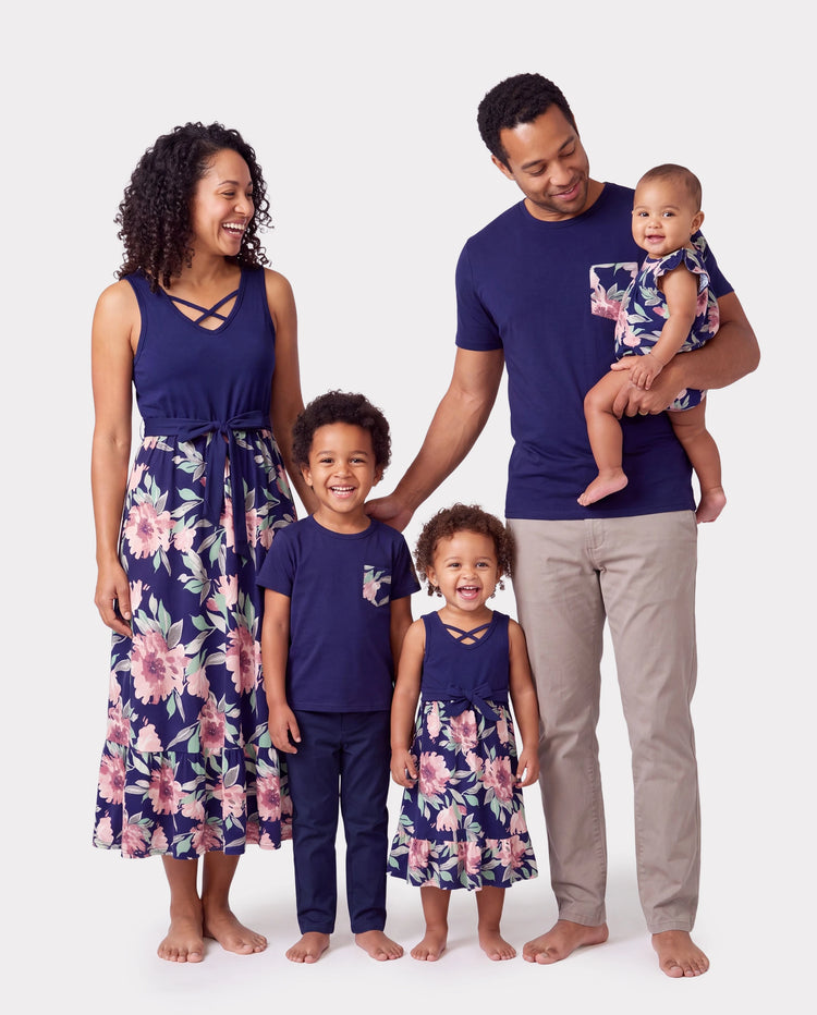 Family Matching Blue Cotton Tee and Flora Splicing Tank Top Dress Sets Deep Blue