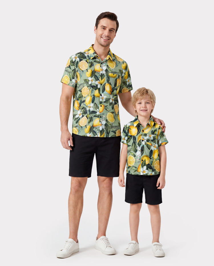 Conjuntos Daddy & Son – Camisas hawaianas con estampado de limón – Ropa tropical para vacaciones para hombres y niños Verde