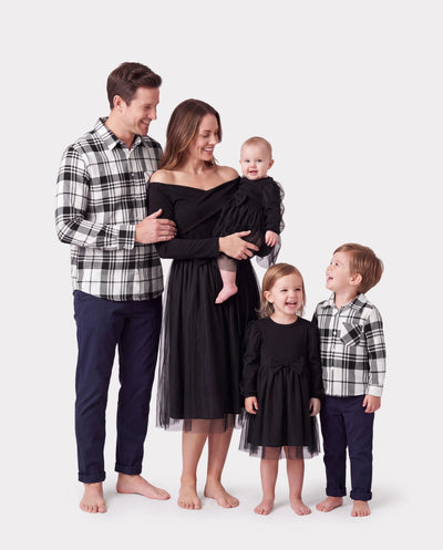 Family Matching Sets Black Plaid Shirt or Elegant Off-Shoulder Cross Front Tulle Mesh Dress Black