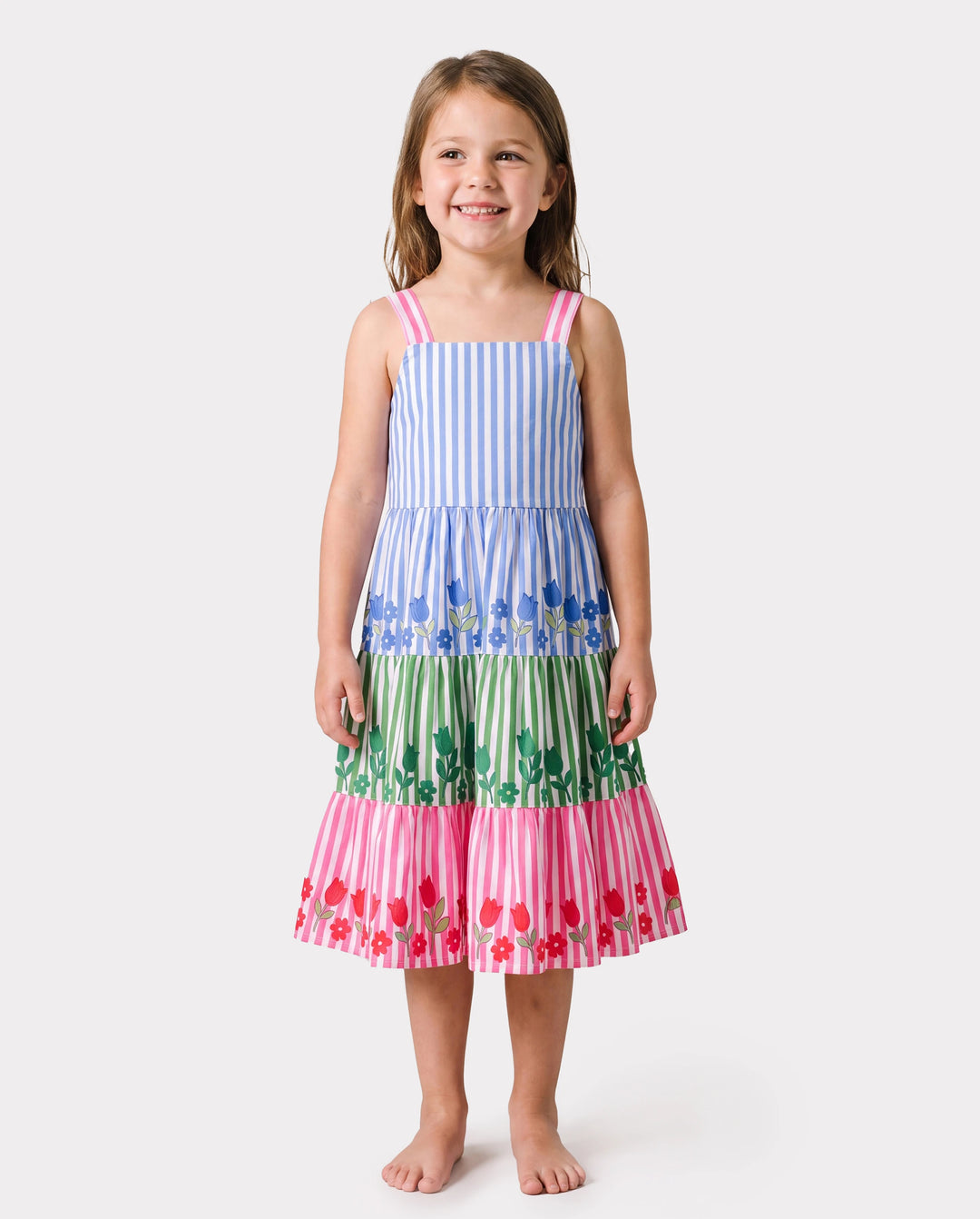 Fresh Market Toddler Girl Colorful Striped Floral Tiered Dress Multi-color