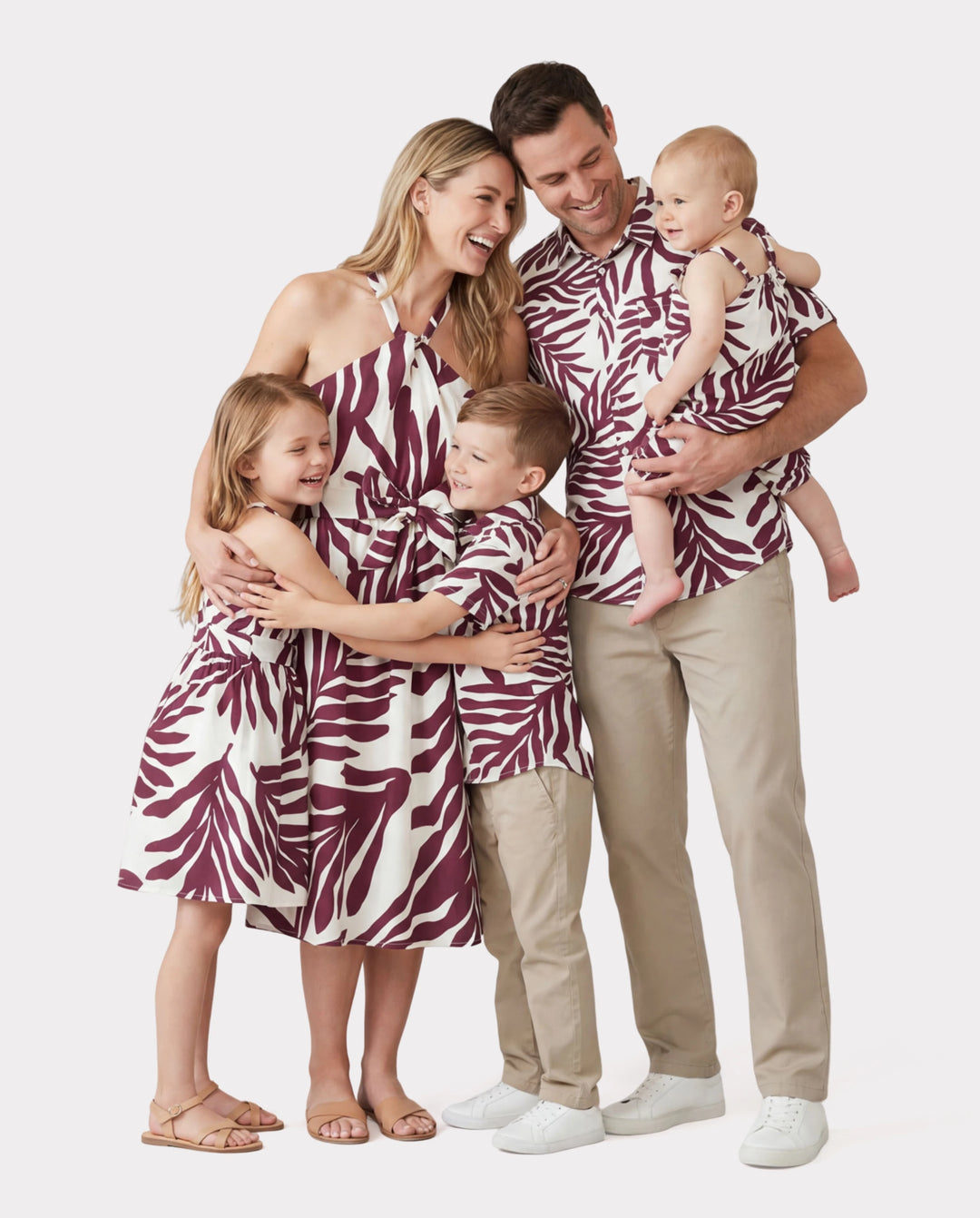 Family Matching Outfits Red Leaf Print Shirts and Strap Belted Dress for Hawaii/Cruise/Resort/Casual Wear White
