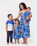 Mommy & me Tropical Dress & T-shirt Set – Blue Floral Print for Dad, Mom, Girls & Baby, Perfect for Summer Vacations and Family Photos Blue