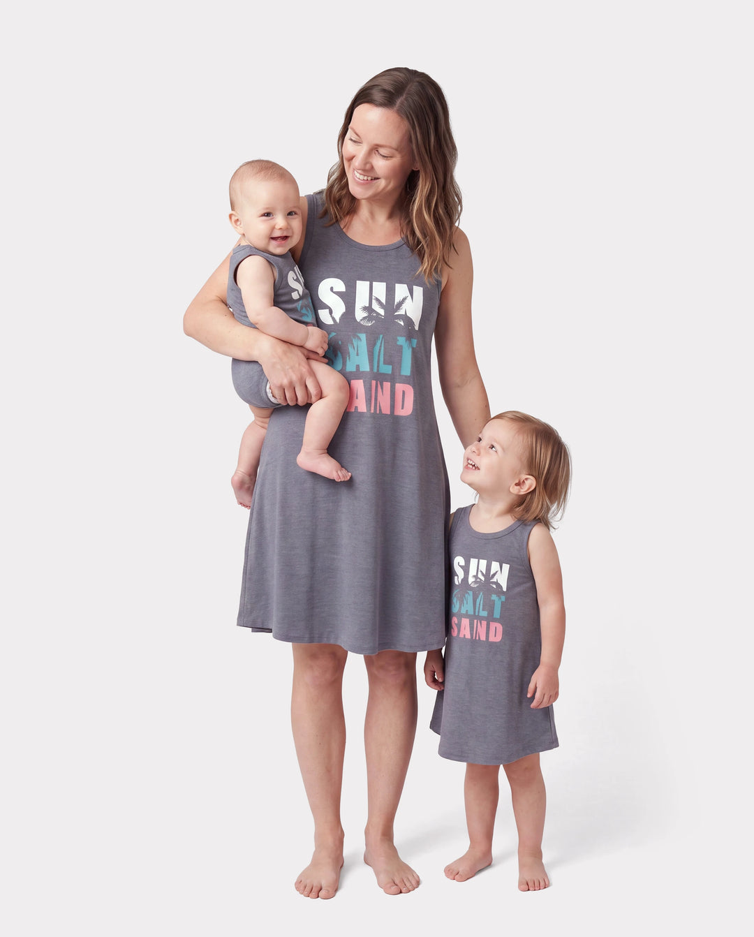 Mommy & me Letter Print Sleeveless Tank Dress Set Grey