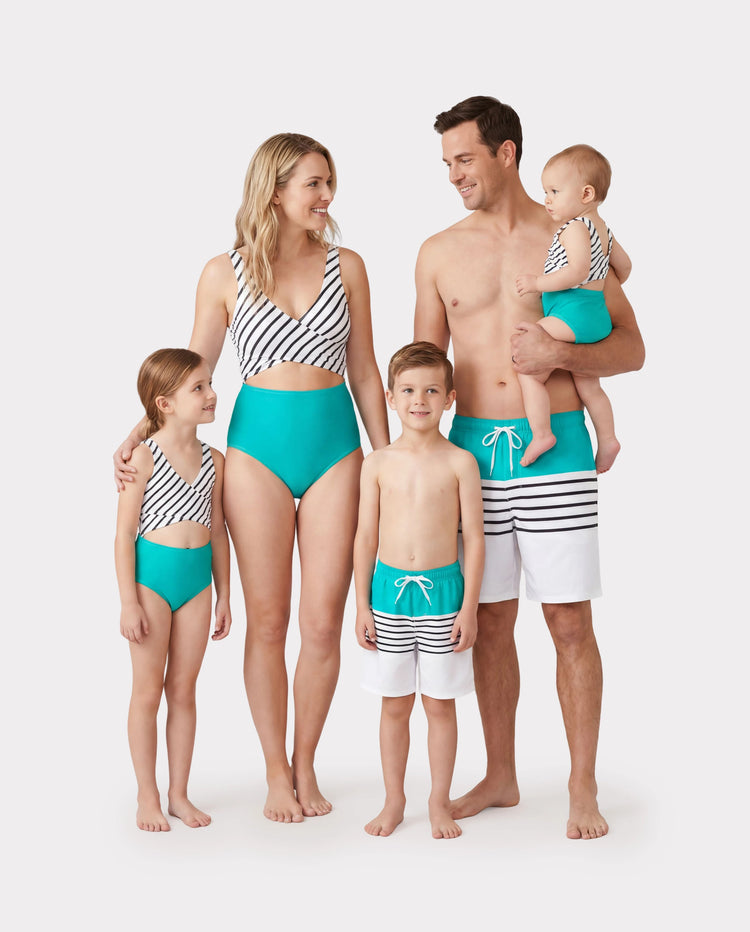 Family Matching Striped Spliced Cut Out One-piece Swimsuit and Colorblock Swim Trunks Green/White