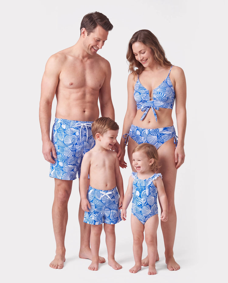 Matching Family Shell Print Swimwear Floral two-piece Bikini & Swim Shorts Set for Mom, Dad, & Kids, Perfect for Beach Days & Pool Parties Blue