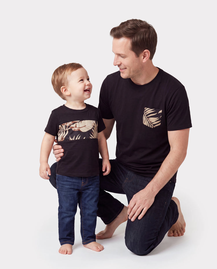 Daddy and Me Family Matching Floral Print Belted Cami Dresses And Solid Short Sleeve Tops Sets Black