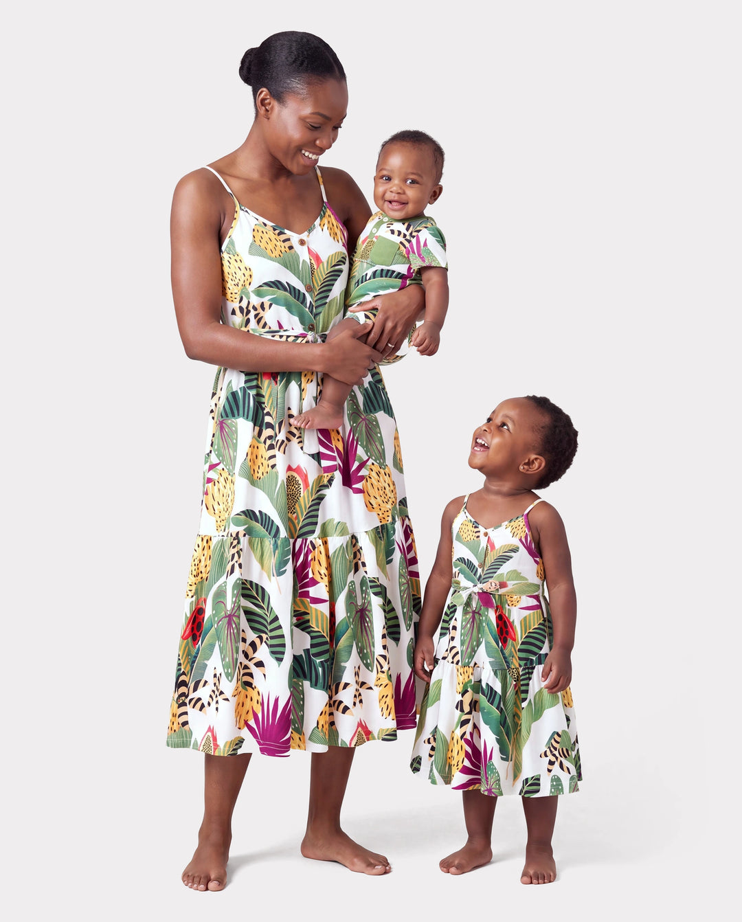 Mommy and Me Family Matching Tropical Floral Print Short-sleeve Top or Camisole Dress Set Multi-color