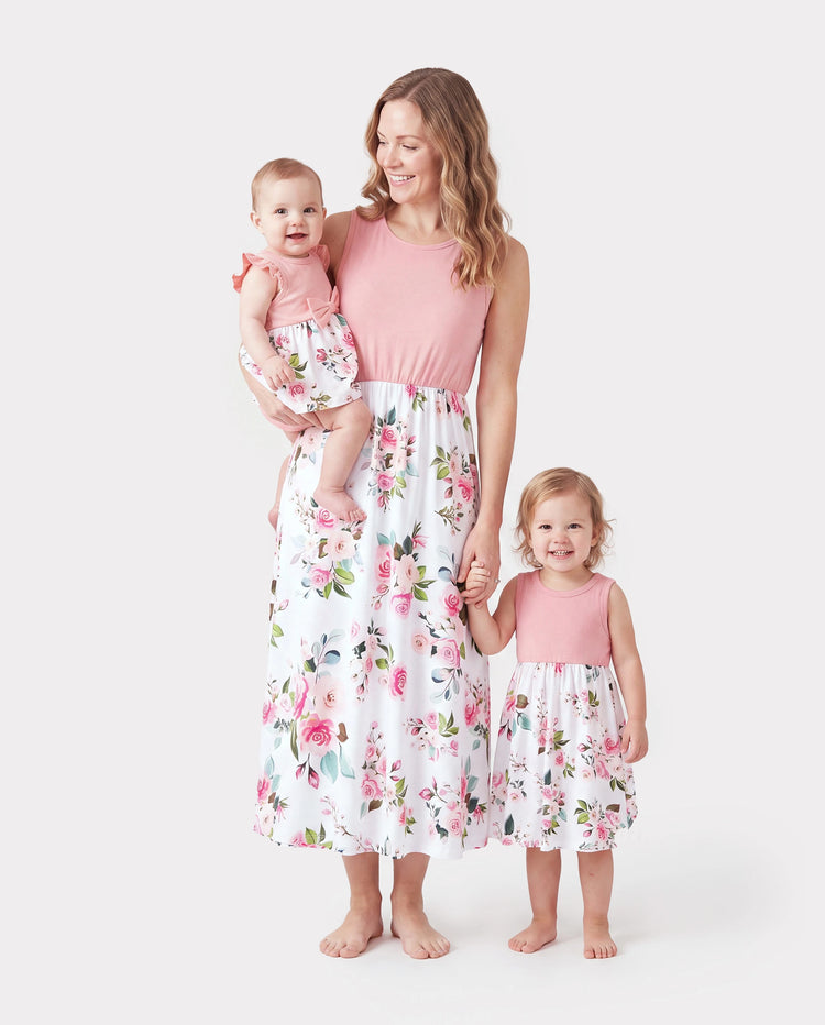 Mommy and Me Family Matching Pink Sleeveless Splicing Floral Print Midi Dresses and Colorblock Short-sleeve Polo Shirts Sets Pink