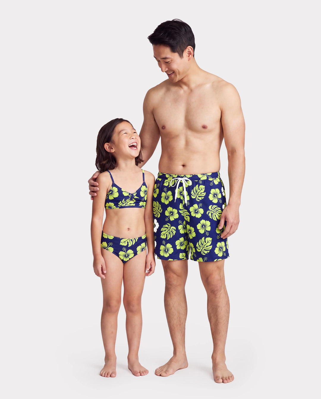 Daddy & Daughter Tropical Floral Swimsuits Halter Bikini & Swim Trunks Set Deep Blue