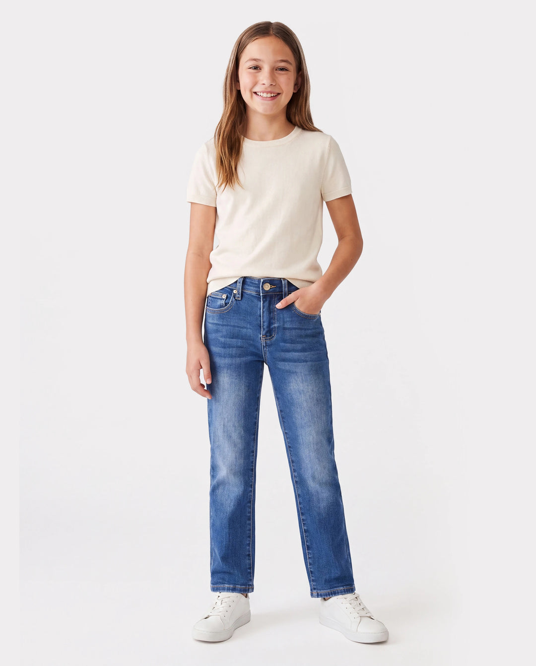 Kinder Pull On Elastische Taille Denim Jeans Weiche Stretch Bequeme Alltagshose mit Taschen blau