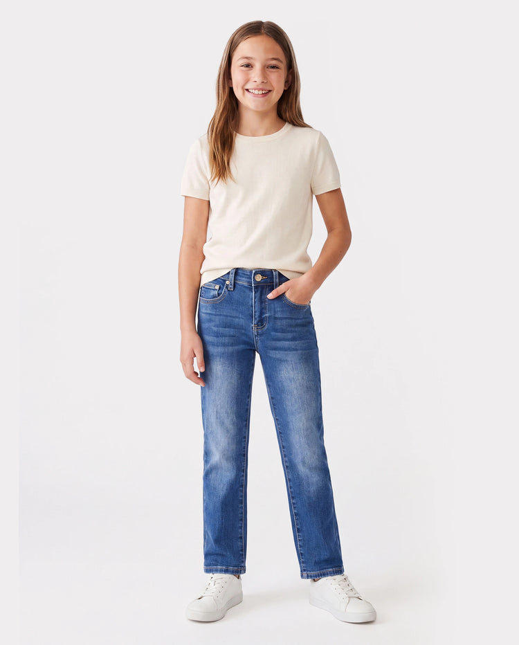 Kids Pull On Elastic Waist Denim Jeans Soft Stretch Comfortable Everyday Pants with Pockets Blue