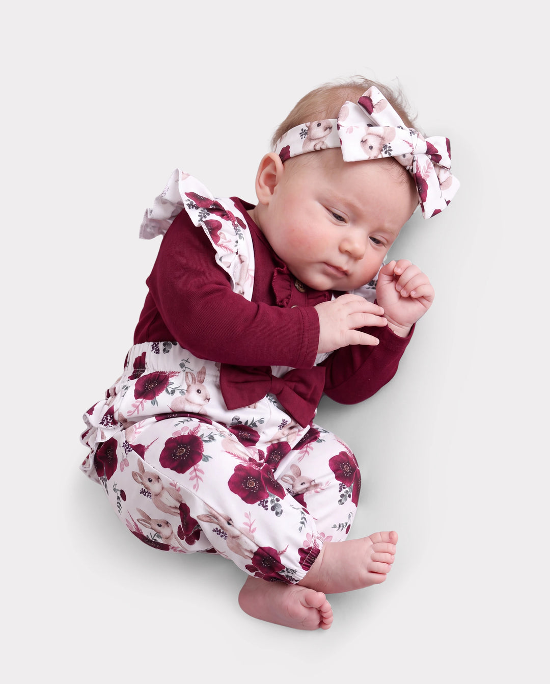 Baby Girl 3pcs Sweet Solid Romper and Floral Print Ruffled Overalls with Headband Set Burgundy