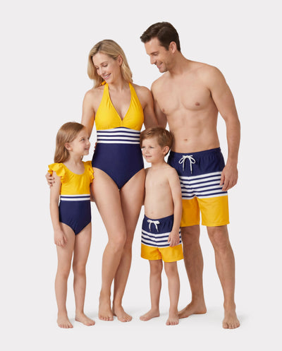 Maillot de bain une pièce ou short de bain assorti à rayures et blocs de couleurs