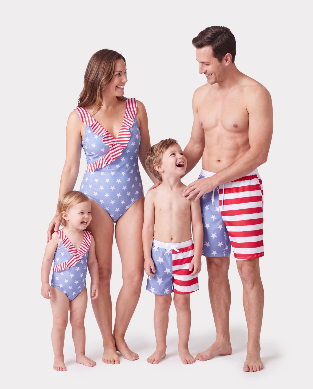 Independence Day 4th of July Family Matching Patriotic Swimwear Stars and Stripes Board Shorts or Ruffled Layers V-neck One-Piece Swimsuits Blue