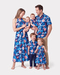 Family Matching Vacation Set Tropical Floral Print Shirt or Halter Dresses for Dad, Mom, Kids & Baby, Perfect for Summer Holidays & Family Photos Deep Blue