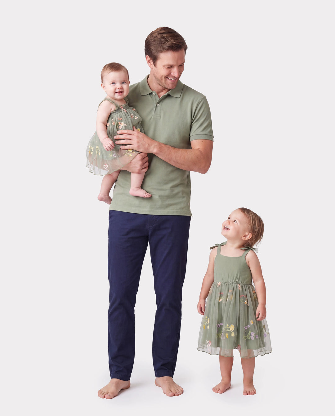 Daddy & Daughter Polo Collar Short-sleeve Shirt or V-neck Strappy Mesh Dress Green
