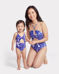 Mommy & me Tropical Leaf Print Hollow-out Crisscross Straps One-piece Swimsuit Blue