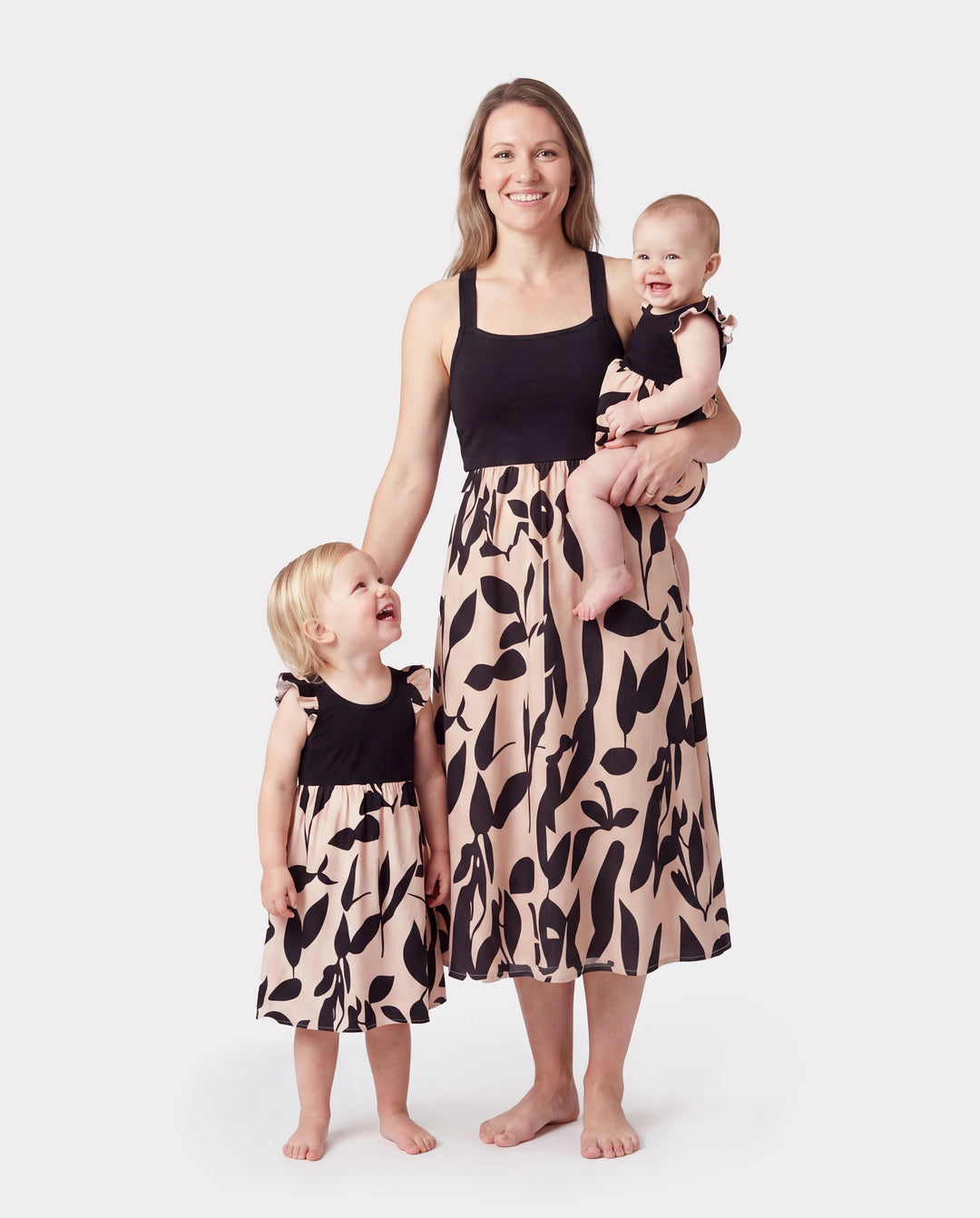 Mommy & me Cross Back Floral Strap Dress and Colorblock Top Sets Black