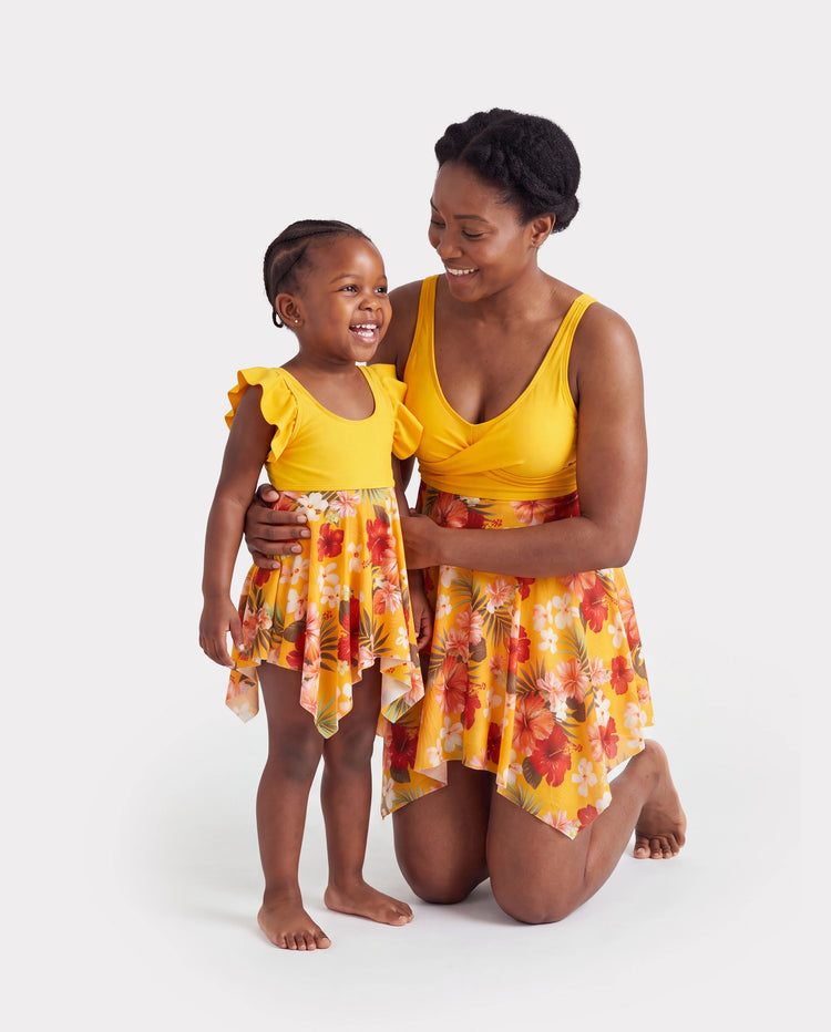 Mommy & me Floral Drawstring Flowy Spliced Mesh Swim Dress with Triangle Swim Bottom Yellow