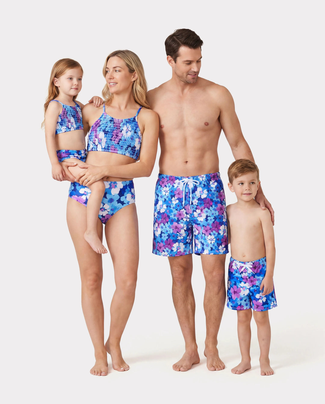 Family Matching Flora Swim Trunks or Smocking Strap two-piece Swimsuit Purple