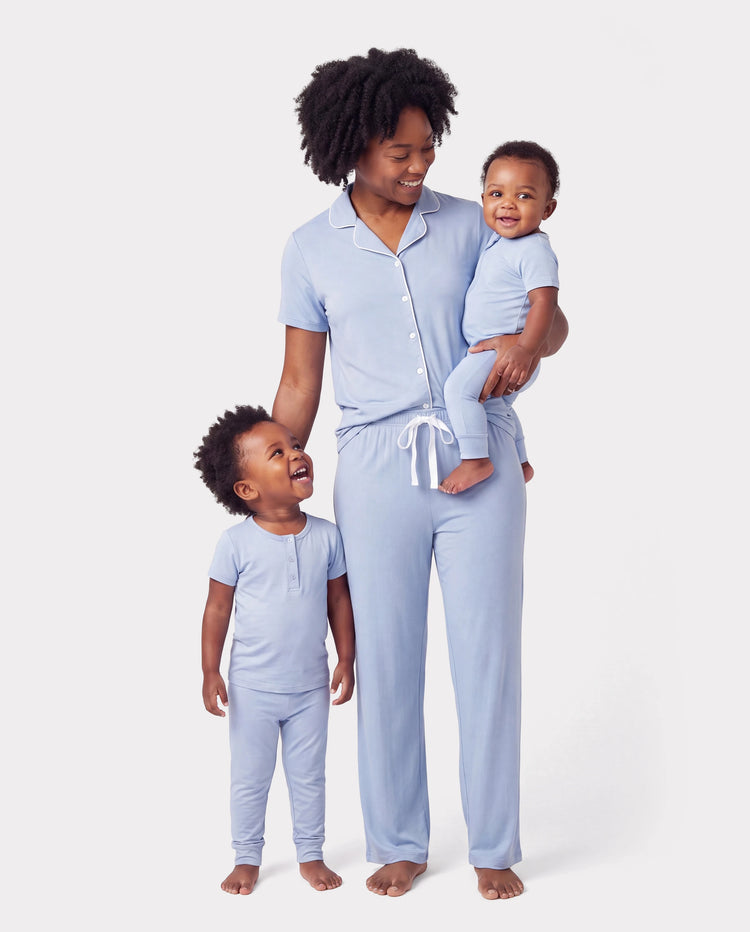 Mommy & me Bamboo Pajamas Soft Bamboo Viscose PJs for Men Women Kids Toddler Baby, Classic Blue Short-sleeve Sleepwear with Button-Down Shirt and Pants Blue grey
