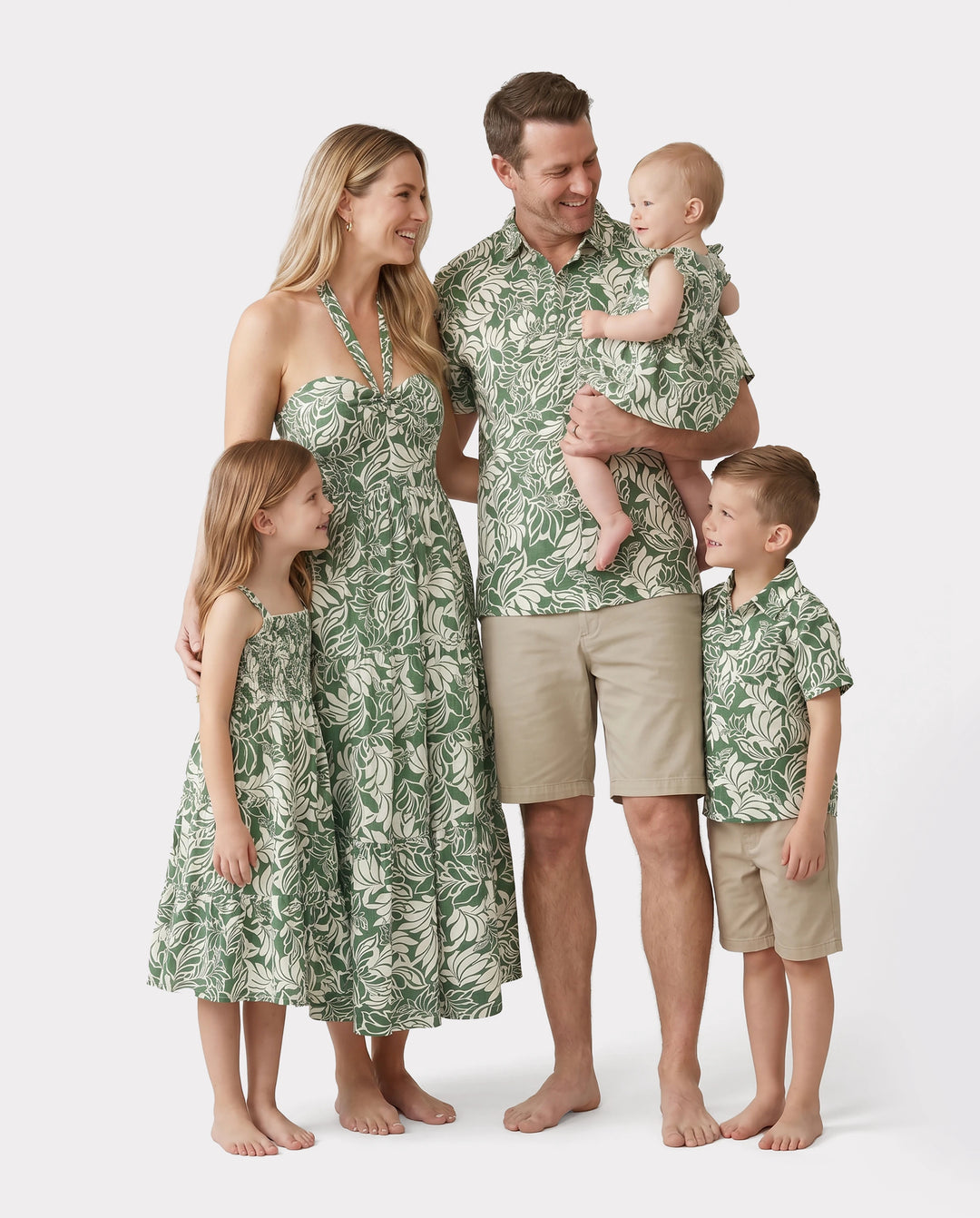 Family Matching Leaf Print Short-sleeve Shirt or Halter Dress Green Set Green