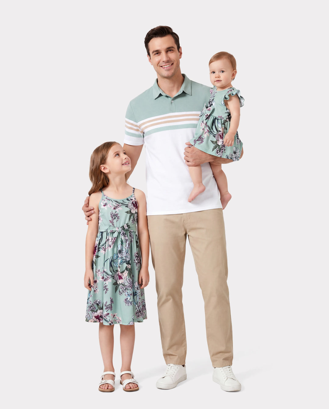 Daddy & Daughter Sets Green Striped Polo Shirt or Flora Print Strap Belted Dress Light Green