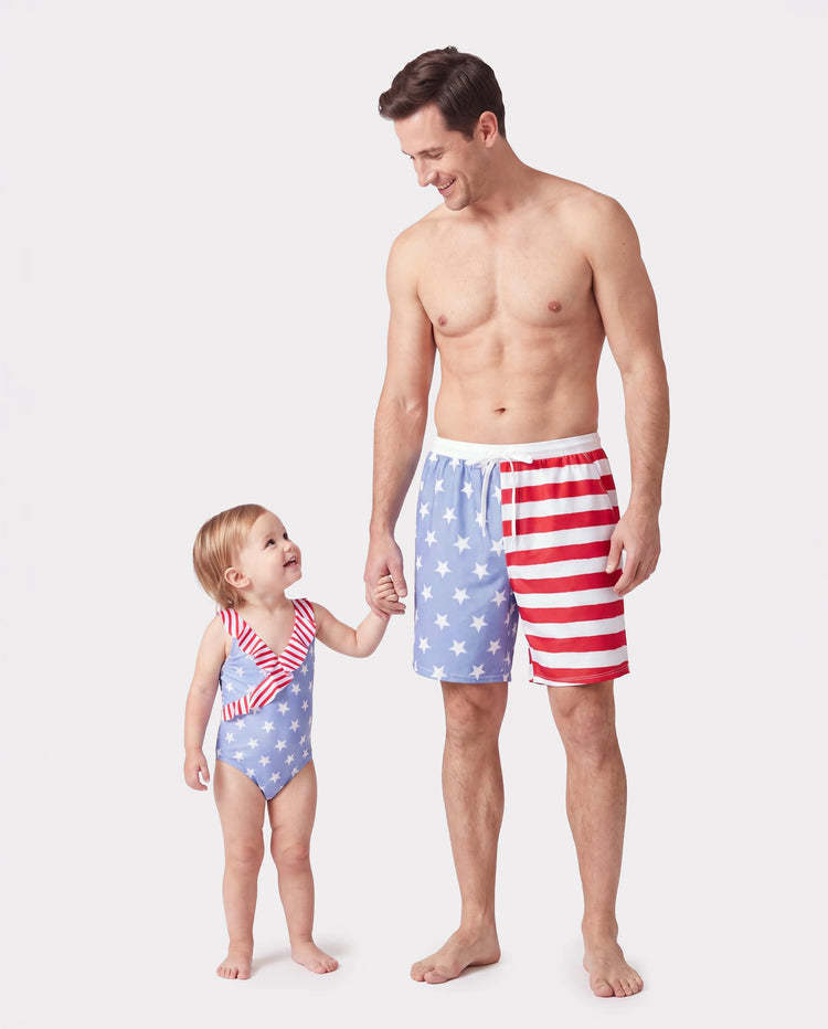 Independence Day 4th of July Daddy & Daughter Patriotic Swimwear Stars and Stripes Board Shorts or Ruffled Layers V-neck One-Piece Swimsuits Blue