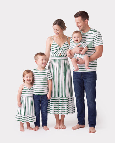 Family Matching Cotton Outfits Set Green Striped T-Shirt and Dress Set for Dad, Mom, Kids & Baby, Perfect for Summer Family Outings & Photos Green